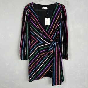 Tanya Taylor size 12 Magnolia wrap dress black metallic rainbow stripe short NEW